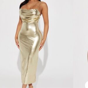 Gold Metallic Cowl Neck Slip Dress